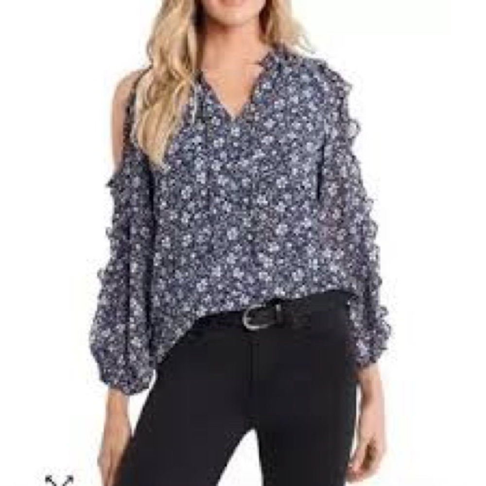 Blue Multi color blouse. V-Neck, long sleeves w/open shoulders. Lightweight.